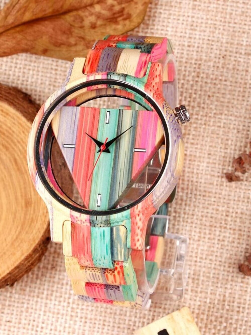 Mens Watch Colorful Multi Wooden Triangle Handmade Analog Dial Quartz Wristwatch - Picture 2 of 7